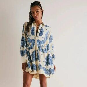 Free People Oversized Floral Button-Up Shirt Dress in Blue and Cream